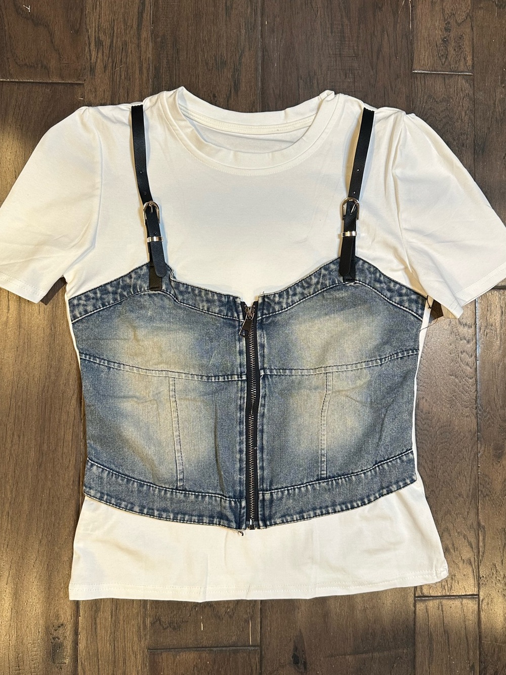 White Tee with Blue Denim Corset Overlay - Women’s size medium